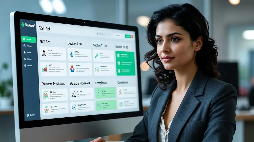 GST Act library card – tax professional reviewing GST law and compliance on a computer